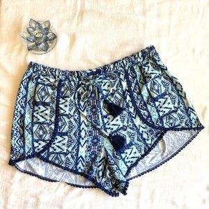 Boho Tribal Print Summer Drawstring Shorts Casual Blue White MultiColored Size L
